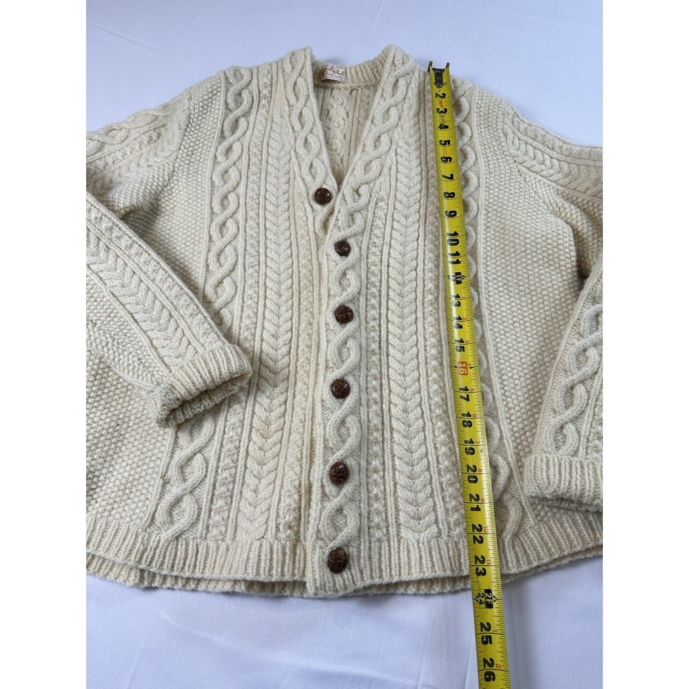 Handmade Vtg Cable Knit Cardigan Sweater Womens Sz Medium Grandma Knitting Ivory - Picture 7 of 10